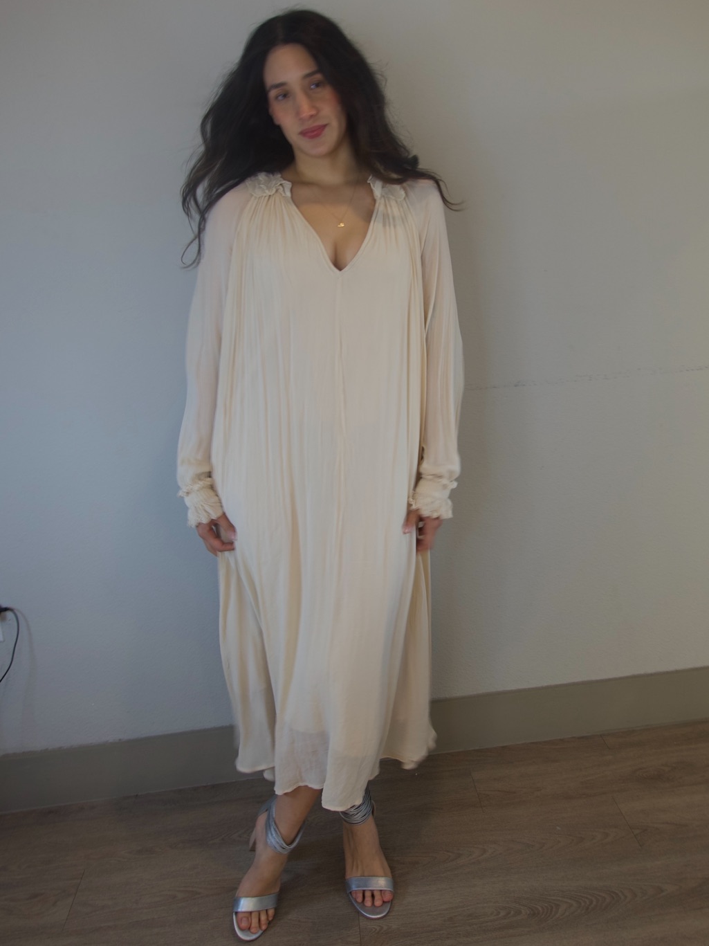 Anthropologie Soft Cream V-Neck Pleated Maxi Dress